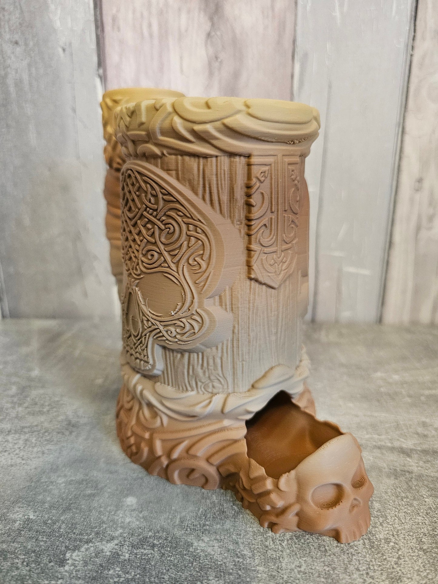 Celtic Dice Tower Mug: Hand-Painted Can Holder for Tabletop Gamers